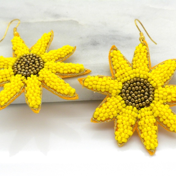 Yellow Sunflower Seed Beaded Earrings - Picture 2 of 2
